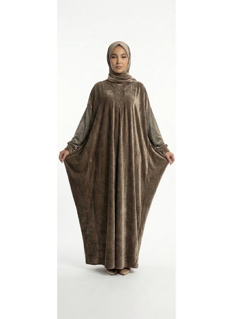 شرشف صلاة مخمل ناعم وفضفاض بصدر لامع وسحاب ذهبي أنيق - طقم صلاة مريح للنساء - بني موكا - Image 4